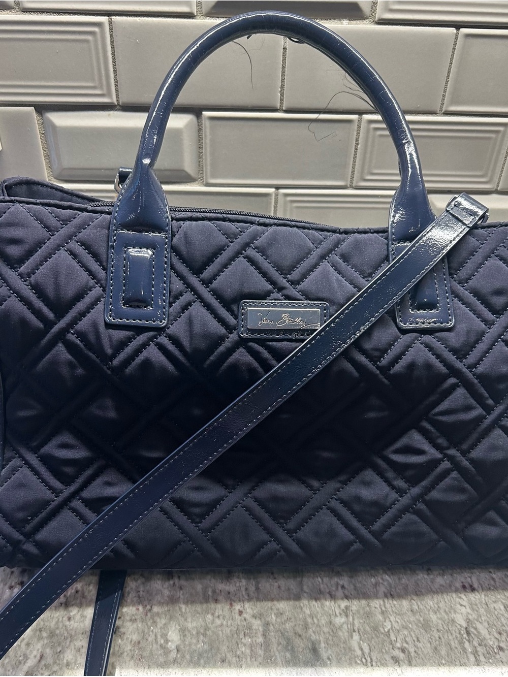 Vera Bradley Quilted Navy Barrel Satchel with Patent Trim - Picture 2 of 2